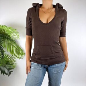 Vintage Y2K Brown Fairy Grunge Granola Girl Boho Short Sleeve Hooded Top / M